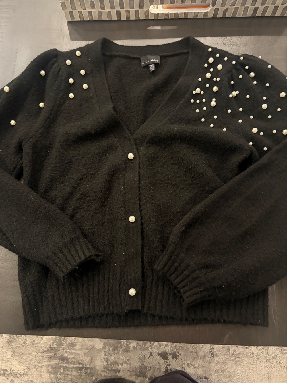 Lucy Paris Black Pearl-Accent V-Neck Cardigan